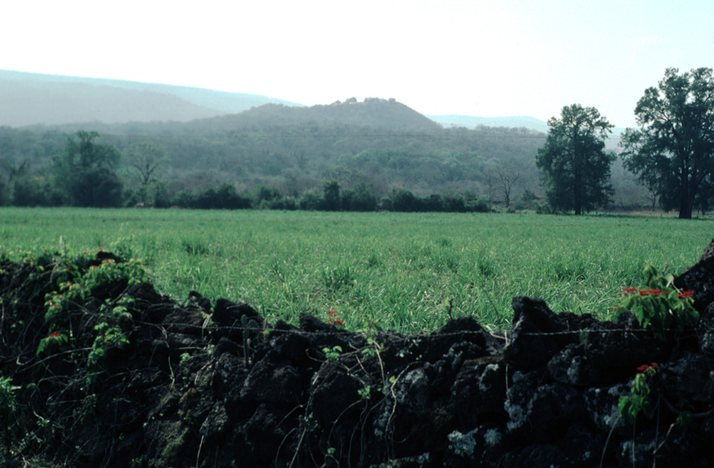 Cerro el Mocajete, seen here from the NW with a wall formed of lava blocks in the foreground, is one of the many pyroclastic cones of the Tertiary-to-Quaternary Los Flores volcanic field.  It lies in one of many NNW-SSE-trending fault-bounded valleys of the limestone Sierra Madre Oriental, to the west of a lengthy lava flow originating from Cerro Partido.  These volcanoes are located in the rugged Sierra Madre Oriental at the conjunction of the states of Tamaulipas, Nuevo León, and San Luis Potosí.   Photo by Jim Luhr, 2000 (Smithsonian Institution).