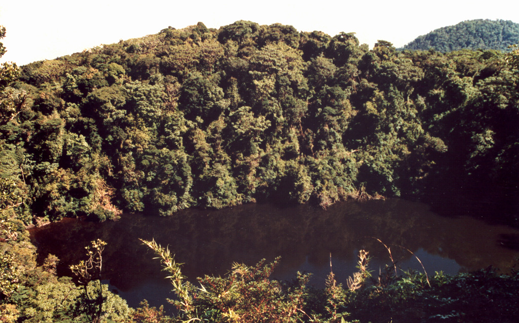 The SW peak of Barva has at least four volcanic cones. This cone contains the 70-m-wide Barva crater lake. Nineteenth-century visitors to the lagoon noted similar dense vegetation as seen today, discounting reports of earlier historical eruptions. Photo by José Enrique Valverde Sanabria, 1999 (courtesy of Eduardo Malavassi, OVSICORI-UNA).