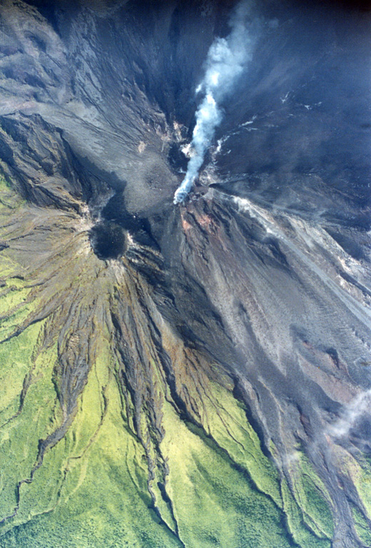 This 8 September 1999 aerial photo shows an active lava flow from the Crater C complex directed towards the NNW, with lobes to the NE. The peak below and to the left of the degassing crater is the pre-1968 summit crater. The 1968-2010 eruption produced lava flows that covered much of the NW-to-SW flanks. Photo by Federico Chavarria Kopper, 1999 (courtesy of Eduardo Malavassi, OVSICORI-UNA).