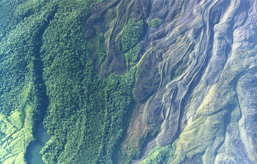 Lobate lava flows were emplaced down the northern flank of Arenal. Note the prominent flow levees and several kipukas (islands of forested land surrounded by lava flows). The eruption that began in 1968 covered much of the northern flank with lava flows. The lake at the lower left is named Peñaranda and lies at the edge of cultivated lands encroaching on the flanks. Photo by Federico Chavarria Kopper, 1999 (courtesy of Eduardo Malavassi, OVSICORI-UNA).