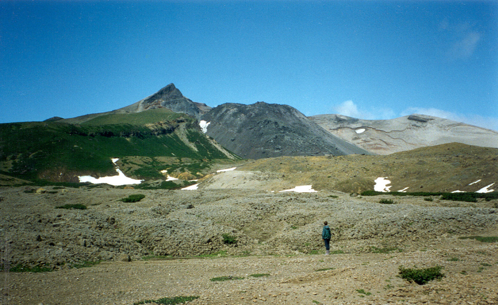 The east side of the 8 x 12 km island of Kharimkotan has a large open crater that formed when the summit collapsed in 1933. The dark-colored lava dome in the center of the photo grew inside the crater towards the end of the 1933 eruption. This and another scarp on the NW side of the island were formed by flank collapse events that produced debris avalanche deposits that created broad peninsulas on the E and NW coasts. Photo by Alexander Belousov, 1994 (Institute of Volcanology, Kamchatka, Russia).
