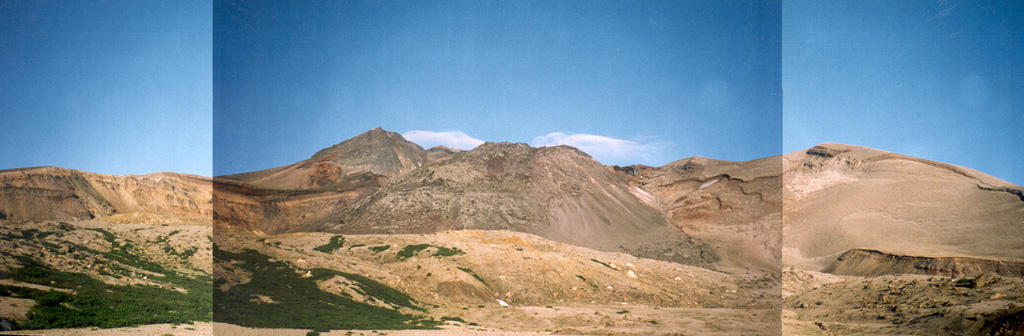 The lava dome in the center of this image was emplaced at the end of a major eruption that began on 8 January 1933 and destroyed the summit of the Severgin cone on Kharimkotan volcano, leaving a 1.7-km-wide crater open towards the E. A debris avalanche resulting from the collapse of the summit reached the sea, extending the shoreline by 1 km and producing a tsunami that swept the island and reached Onekotan and Paramushir Islands, causing two fatalities. Additional explosions were reported on 30 January and 14 April. Photo by Alexander Belousov, 1994 (Institute of Volcanology, Kamchatka, Russia).