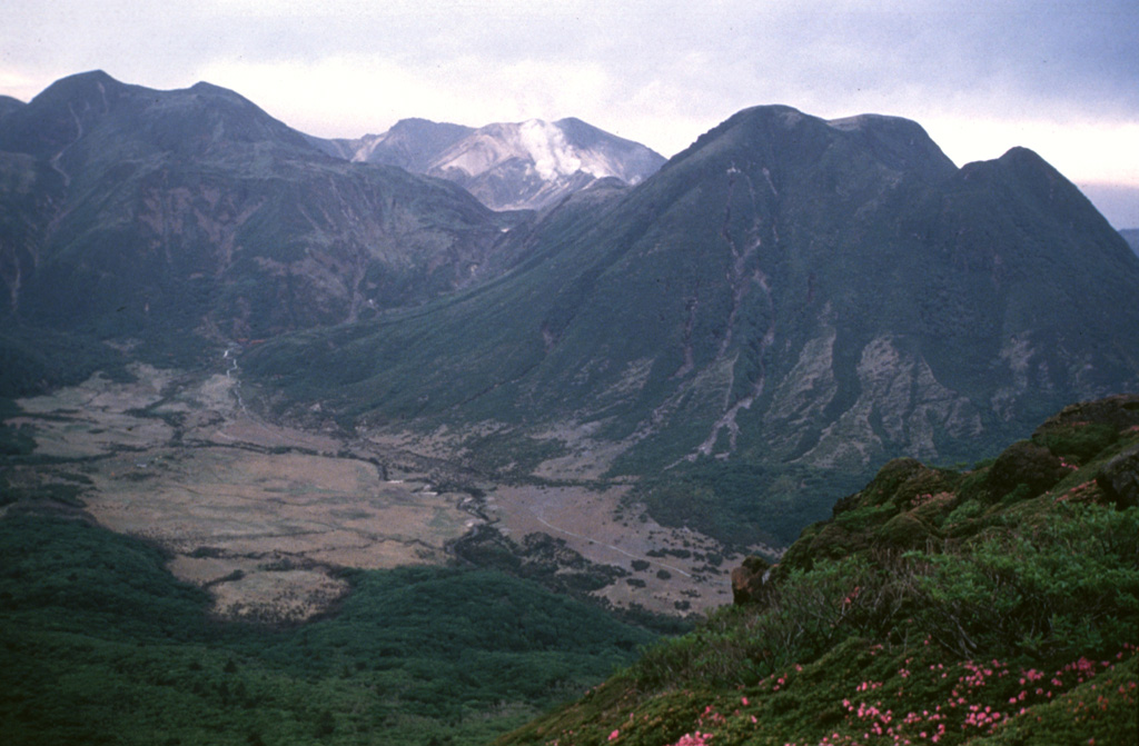 The Kuju volcano group in northern Kyushu consists of more than ten cones and lava domes NE of Aso caldera. This view from the E shows Mimatayama (right) and Nakadake (left) lava domes, which formed about 10,000-12,000 years ago. Gas-and-steam plumes rising from fumaroles are seen here in 1994 on the flank of Hosshozan (center), the site of small phreatic explosions in November 1995. Many hot springs and hydrothermal fields are located at the Kuju complex. Photo by Yasuo Miyabuchi, 1994 (Forestry and Forest Products Research Institute, Kyushu).