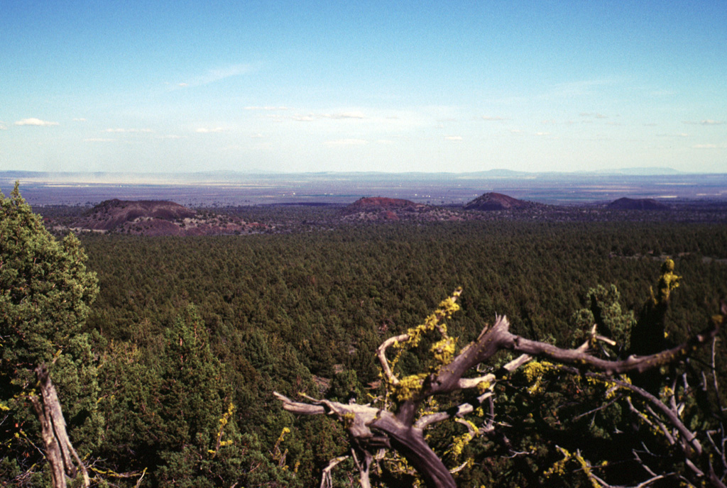 Craters of the aptly named Four Craters Lava Field are seen here from the NW on Green Mountain.  The Four Craters field is the SE-most of a group of three lava fields SE of Newberry volcano in the High Lava Plains of central Oregon.  Four pyroclastic cones were constructed along a roughly 4-km-long NW-SE-trending line.  The age of the Four Craters lava field is not known precisely but could be latest Pleistocene or early Holocene.      Photo by Lee Siebert, 2000 (Smithsonian Institution).