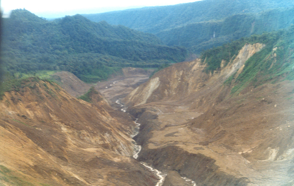 An avalanche produced during an 8 December 1994 phreatic explosion at Irazú traveled down the Río Sucio to the north, destroying trees high up the banks of the river. Associated lahars swept many kilometers farther down the river, which flows through the Cordillera Volcánica Central Forest Reserve. The explosion formed a new crater in a geothermal area north of the main crater. Photo by Jorge Barquero, 1998 (OVSICORI-UNA).