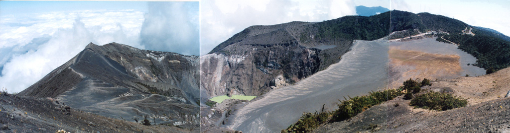 A panoramic view from the summit of Irazú volcano shows the E-W-trending summit crater complex.  The main crater is partially filled by a lake in the center of the photo, the floor of the broad flat-bottomed Playa Hermosa crater at the right is covered by deposits of historical eruptions, and the Diego de la Haya crater lies in the right background. Photo by Ichio Moriya (Kanazawa University).