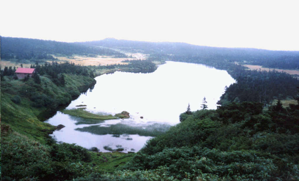 A series of craters, some filled by lakes, dot the undulating summit plateau of Hachimantai. The volcano produced vents during the Pleistocene, and lava flows from the center of the complex. Circular craters are located near Komonomore and Mokkodake in the center of the plateau.  Photo by Ichio Moriya (Kanazawa University).