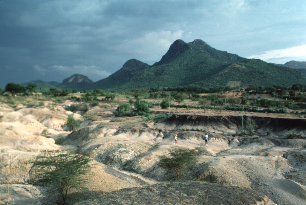 The Homa Mountain volcanic complex rises beyond an archaeological site north of the volcano in which Miocene-Pliocene hominins were excavated. Homa Mountain is a dominantly Miocene-to-Pleistocene carbonatitic complex that forms a broad peninsula on the eastern shore of Lake Victoria. Numerous flank vents include the carbonatitic and ultramafic Lake Simbi maar on the lower east flank. Oral history of inhabitants near this maar suggest that it may have been formed in historical time. Photo by Chip Clark, 1994 (Smithsonian Institution).