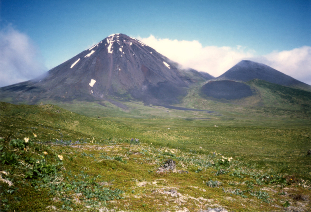 The western slopes of Sugarloaf Peak (left) are seen here on Semisopochnoi Island. One of the largest subaerial volcanoes of the western Aleutians, Semisopochnoi is 20 km wide at sea level and contains an 8-km-wide caldera. Mount Cerberus was constructed within the caldera during the Holocene, along with Sugarloaf Peak outside the caldera to the SSE. Many documented historical eruptions originated from Cerberus. Photo by Steve Ebbert, 1997 (U.S. Fish and Wildlife Service).