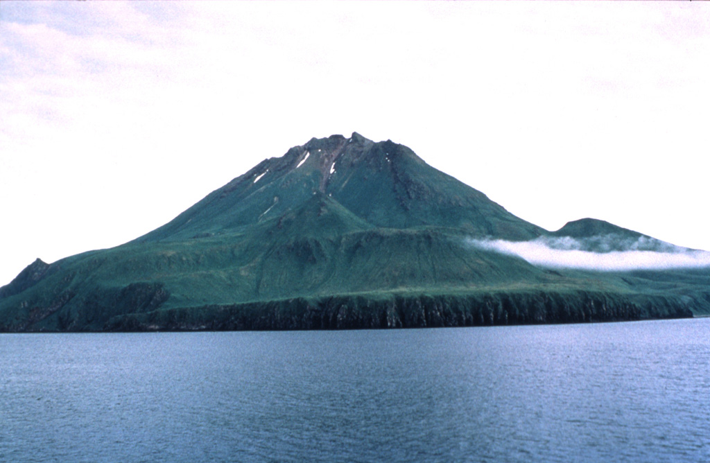 The 3-km-wide Uliaga island, at the NE end of the Islands of Four Mountains archipelago immediately NW of Kagamil Island, is the smallest volcano of the group. Little is known geologically about this volcano, and there are no reports of observed eruptions. Photo by Michelle Harbin (courtesy of U.S. Geological Survey, Alaska Volcano Observatory).