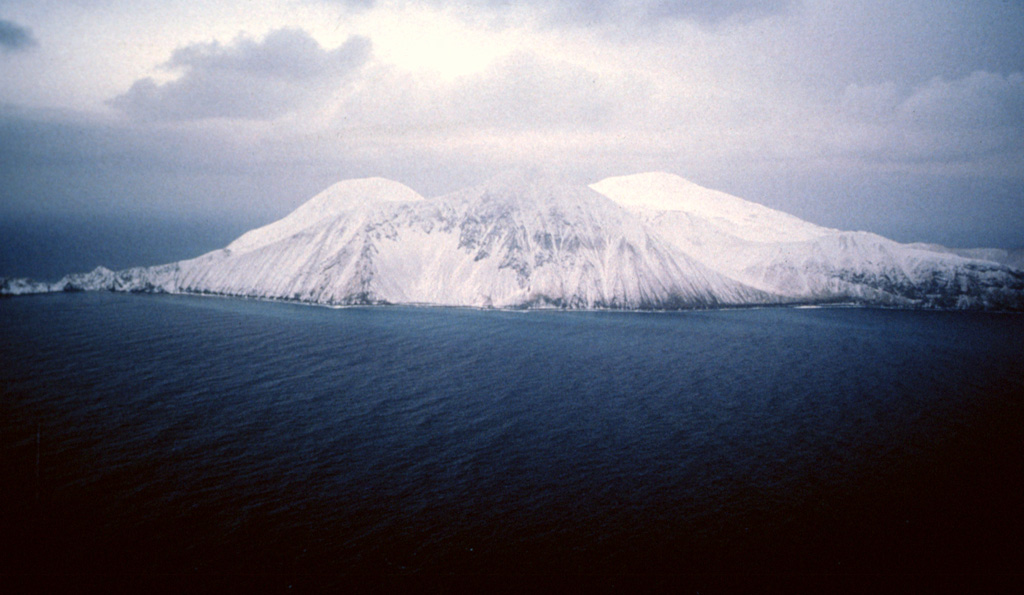 Buldir is the westernmost Quaternary volcanic center of the Aleutian Arc. It lies at the center of the island and the younger East Cape volcano forms the NE portion. The age of the recent eruptions is not known precisely but has been estimated to be late Pleistocene or Holocene. Photo by Fred Deines, 1987 (U.S. Fish & Wildlife Service).