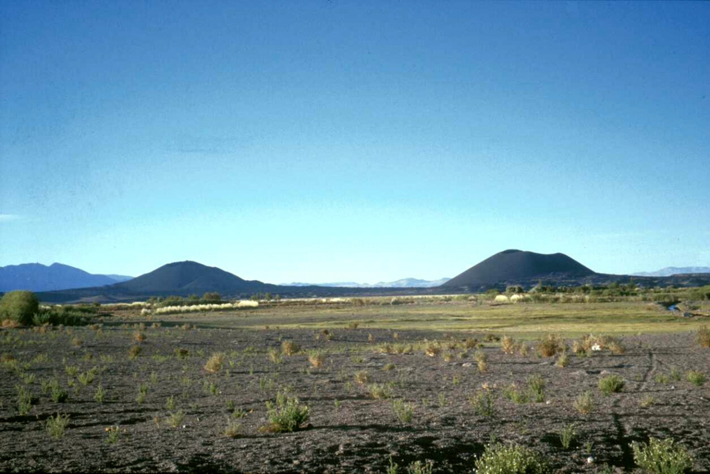 The Antofagasta de la Sierra volcanic field, located between the elongated NE-SW-trending Salar de Antofalla and the massive Cerro Galán caldera to the east, contains the youngest volcanic vents of the Argentinian Puna region.  The area includes several "extremely youthful" scoria cones, such as the ones seen here from the SW.  Some cones have been estimated to be only a few thousand years old.   Photo by Ben Edwards, 1998 (Dickinson College, Pennsylvania).