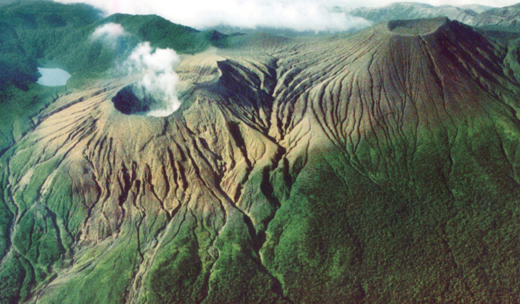 Part of the complex summit region of Rincón de la Vieja, the largest volcano in NW Costa Rica, is seen here from the north. Steam rises from the lake-filled Cráter Activo to the left, ENE of the Von Seebach cone (right). Laguna Fria (far-left) is not a crater lake, but a freshwater lake that formed between overlapping cones of the summit complex, which extends east and west beyond this area. Frequent eruptions from Cráter Activo have left surrounding terrain unvegetated. Photo by Federico Chavarria Kopper, 1999.