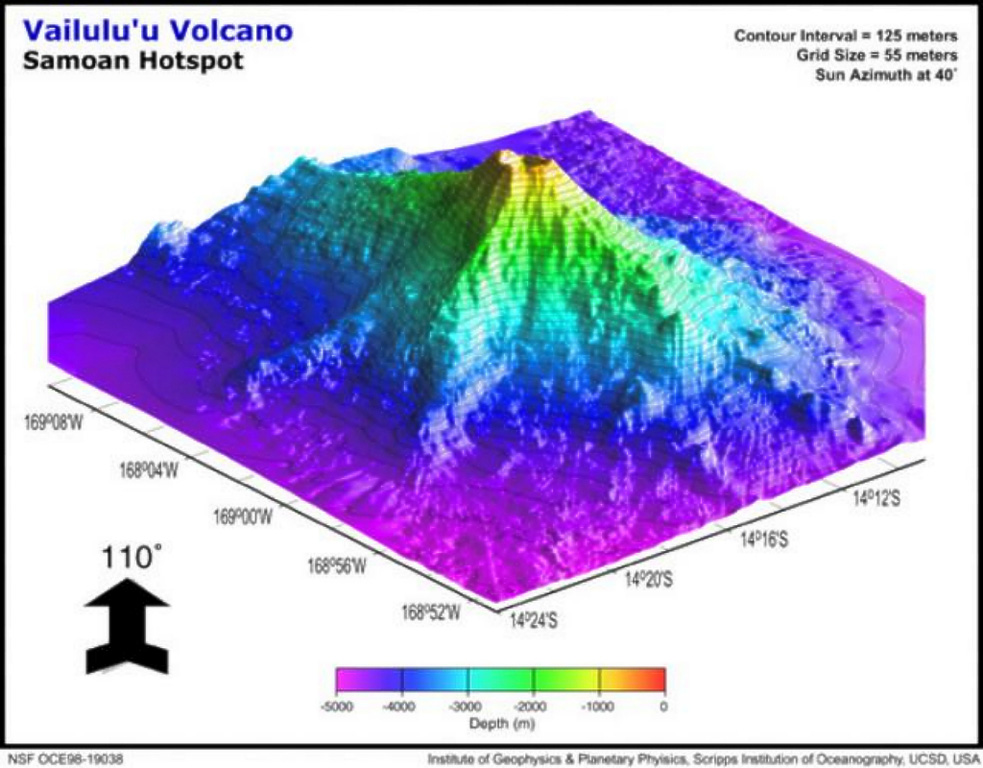 This view of Vailulu'u seamount to the NW displays three major rifts toward the W, SE, and W. The lower slopes of Vailulu'u and Ta'u merge along the W ridge, with a saddle at 3,200 m and a diameter of ~35 km at its base. An earthquake swarm in 1995 may have been related to an eruption at Vailulu'u, which was not discovered until 1975. It rises 4,200 m from the sea floor to a depth of about 600 m between Ta'u and Rose islands at the eastern end of the American Samoas. Image by Hart and others (Global Volcanism Network Bulletin, 2001).