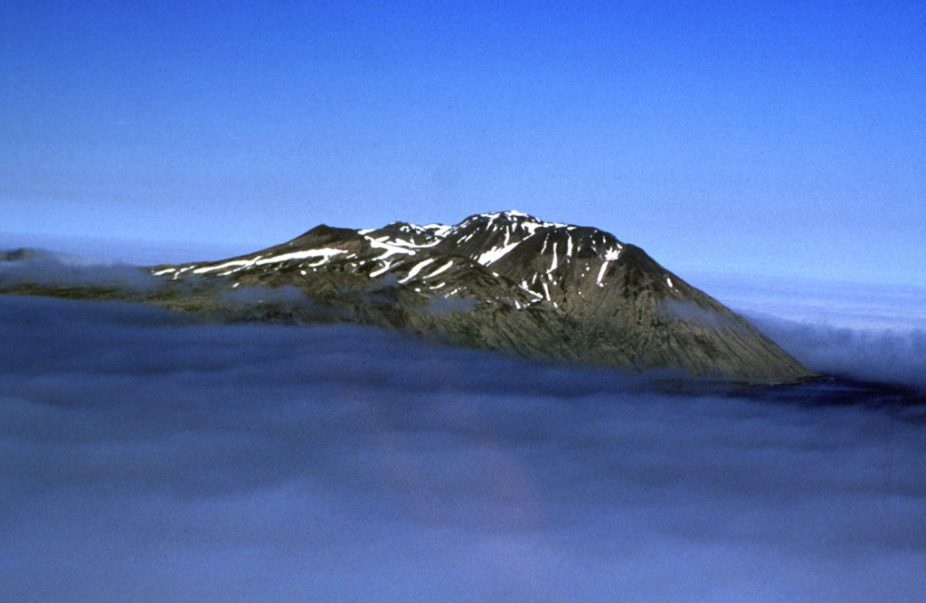 The youngest activity known on Adagdak, at the NE tip of Adak Island, is a lava dome from about 210,000 years ago. Andrew Bay Hot Springs lie along the coast west of Mount Adagdak, and the northern part of Adak Island has been investigated for geothermal power potential. Photo by Chris Waythomas, 2000 (Alaska Volcano Observatory, U.S. Geological Survey).