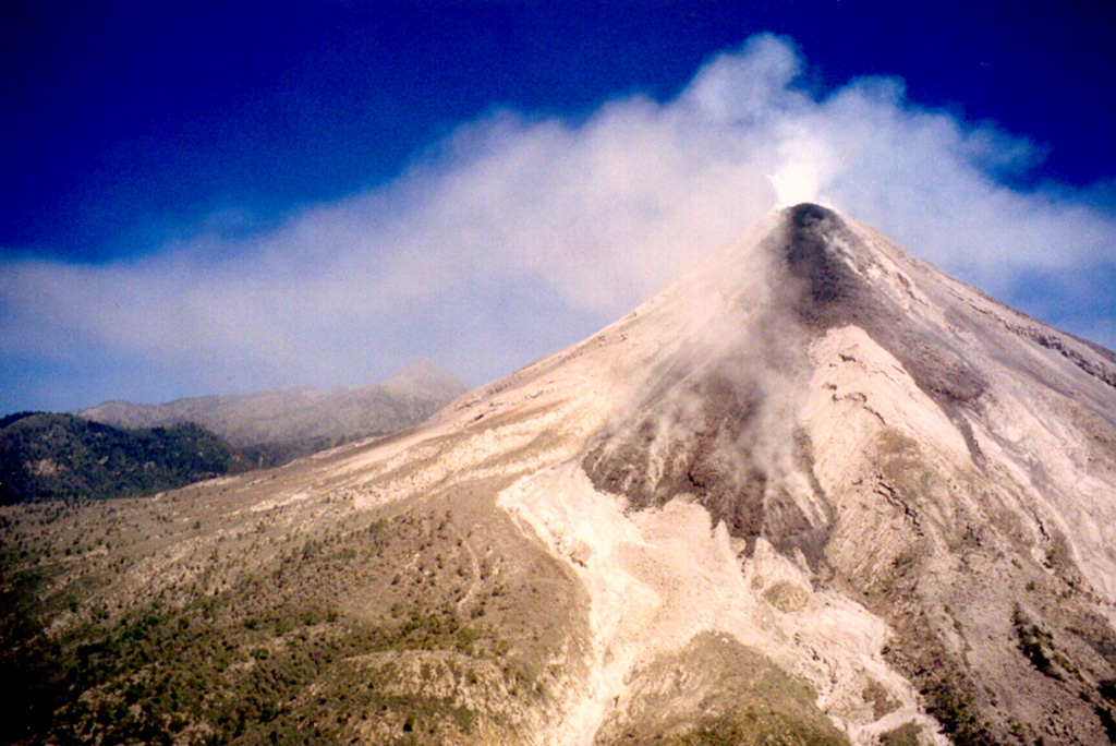 Lava flowing is seen here on 11 December 1998 flowing down the Cordobán drainage (barrancas) on Colima's upper SW flank. From left to right these headwaters comprise the Western, Central, and Eastern Cordobán. The light-colored areas below the lava flow lobes are pyroclastic flow deposits formed by collapse of the lava flow fronts.  Photo by Juan Carlos Gavilanes, 1998 (Colima Volcano Observatory, Universidad de Colima).