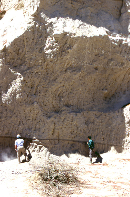 The voluminous La Soledad deposit was erupted in the Zitácuaro-Valle de Bravo volcanic field area about 500,000 years ago and is composed of a complex sequence of block-and-ash and pumice deposits. Geologists in the photo investigate a thick (up to 10 m) pumice deposit that lies on top of a pyroclastic surge layer. Photo by Lucia Capra, 1993 (courtesy of José Macías, Universidad Nacional Autónoma de México).
