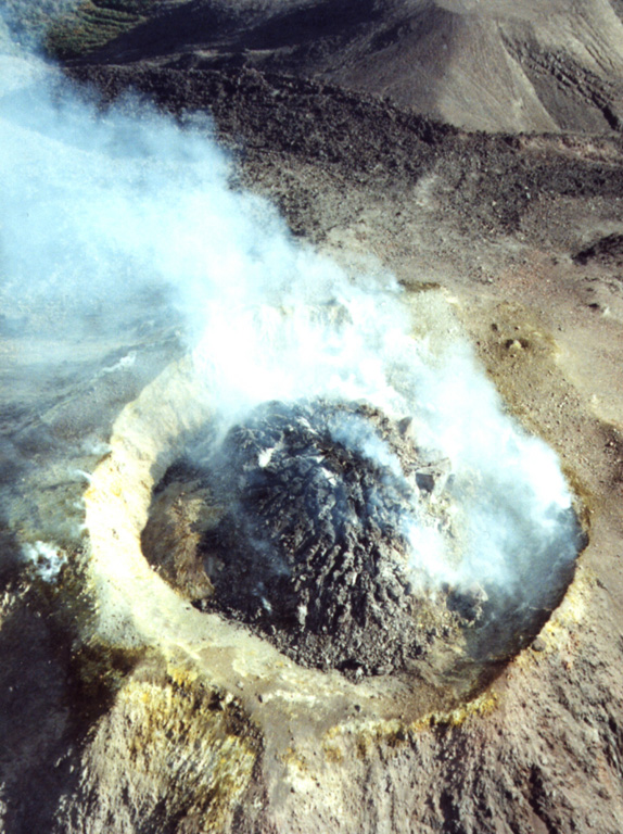 A degassing lava dome partially fills the crater at the summit of Colima on 11 January 2002. Renewed lava dome growth began in May 2001, and by the end of January 2002 the total volume of the dome was estimated to be 1,450,000 m3. Photo by Mauricio Bretón, 2002 (Colima Volcano Observatory, University of Colima).