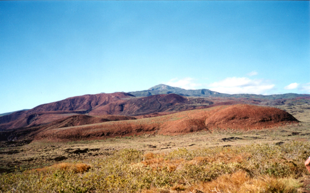 The southern flank of Socorro is underlain by rocks of three distinct origins. On the lower flanks are basaltic rocks of the Lomas Coloradas unit that mostly erupted between about 150,000 and 70,000 years ago. The middle flanks contain trachyte and rhyolite pyroclastic flow deposits that were emplaced between about 540,000 and 370,000 years ago. The summit region, including Cerro Evermann (center horizon), consists of silicic rocks that were erupted between about 180,000 to at least 15,000 years ago. Photo by Martha Marin, 1998 (Mexican Navy).