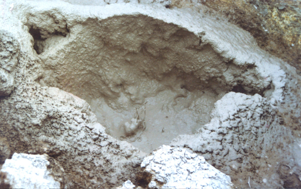 Mudpots are found at hydrothermal areas near the summit of Cerro Evermann. Fumaroles are active at the base of a relatively young lava dome, which is one of the youngest features of the summit area. The most active area is on the SE side of a northern dome and includes areas of emissions, boiling water or mud, clay alteration, and sulfur deposits. Photo by Martha Marin, 1998 (Mexican Navy).