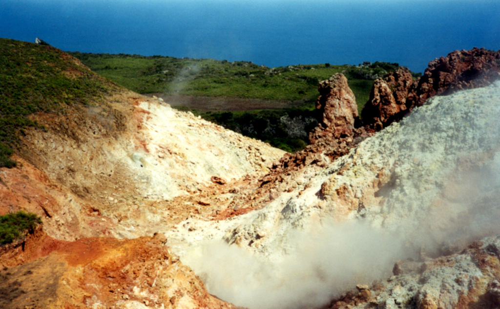 Fumarolic areas at Socorro are concentrated near the summit of Cerro Evermann. They occur on all sides of North Dome, a young lava dome just to the north. The most extensive hydrothermal alteration is located in areas on the E, W, and SW sides of North Dome. Photo by Martha Marin, 1998 (Mexican Navy).