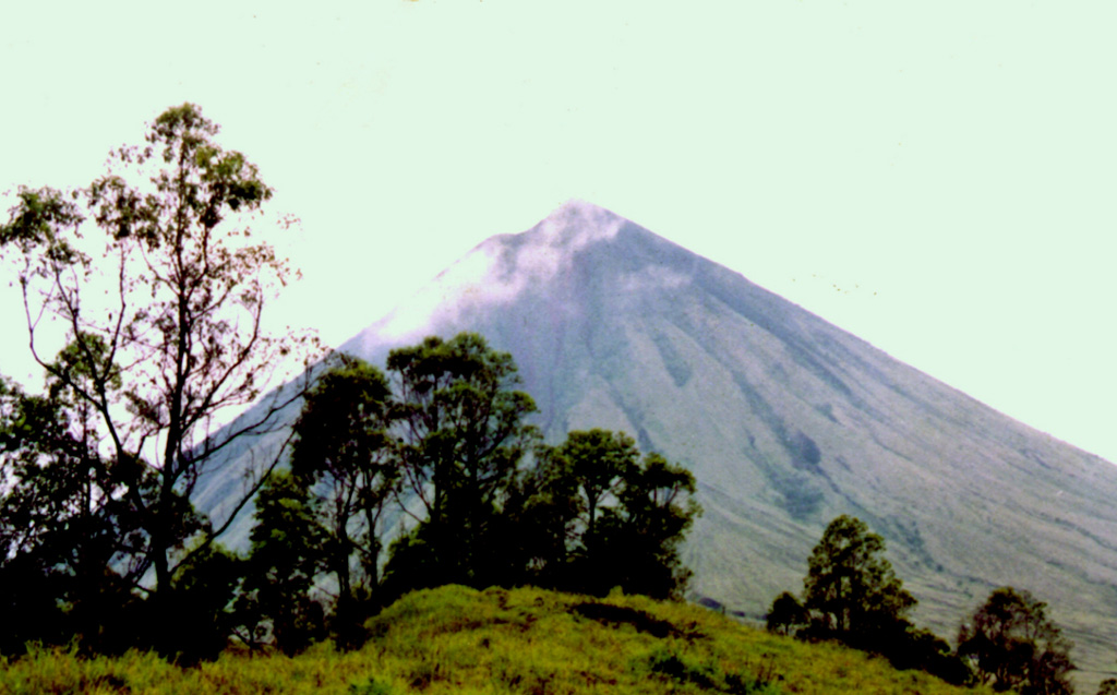 Gunung Inierie, seen here from the N, is the highest volcano on Flores Island. A plume was observed in June 1911 and is sometimes visible from the crater on the eastern side of the summit. Photo by Volcanological Survey of Indonesia.