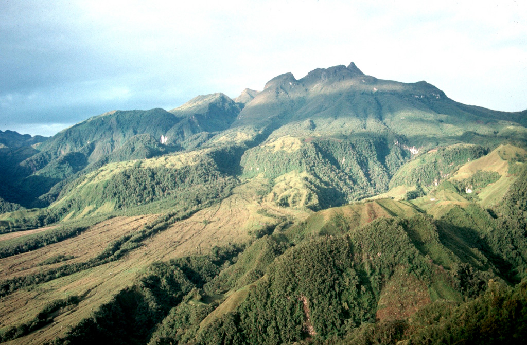 Cerro Bravo is seen from the east. The summit dome was extruded during the most recent eruption and has a spine (a steep dome) near the top. An older lava dome and cone complex is situated to the left. Multiple collapse events sent block-and-ash flows down over lava flows (center) and onto the Plan de Arriba (lower left). The low tree-covered slope (left foreground) is the remnant of the pre-Cerro Bravo edifice that was destroyed by a Pleistocene caldera-forming event. Photo by David Lescinsky, 1988 (University of Western Ontario).