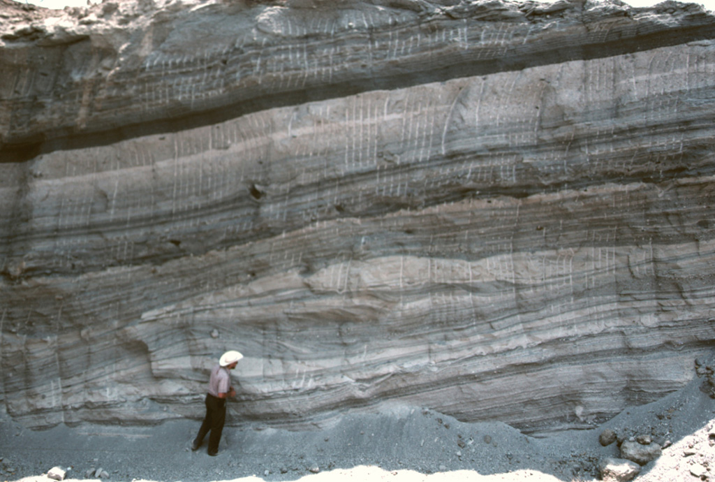 Geologist Todd Housh observes pyroclastic surge deposits in the wall of an abandoned quarry on the north flank of Hoya Estrada maar, directly west of the town of Valle de Santiago. The exposure shows laminar and dune form-bedded surge deposits at the bottom with laminar ashfall layers at the top. The direction that the pyroclastic surges traveled was from right to left. Photo by Jim Luhr, 2002 (Smithsonian Institution).