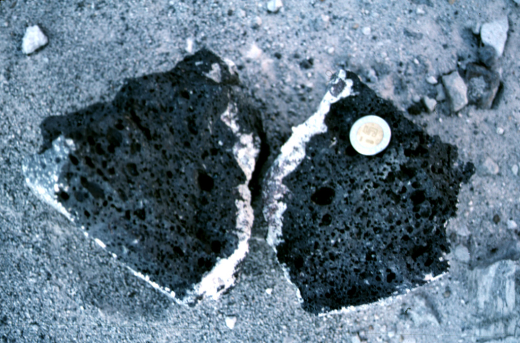 A basaltic clast with a light-colored silicic rim from the Hoya Estrada maar. The coin provides scale. Photo by Jim Luhr, 2002 (Smithsonian Institution).