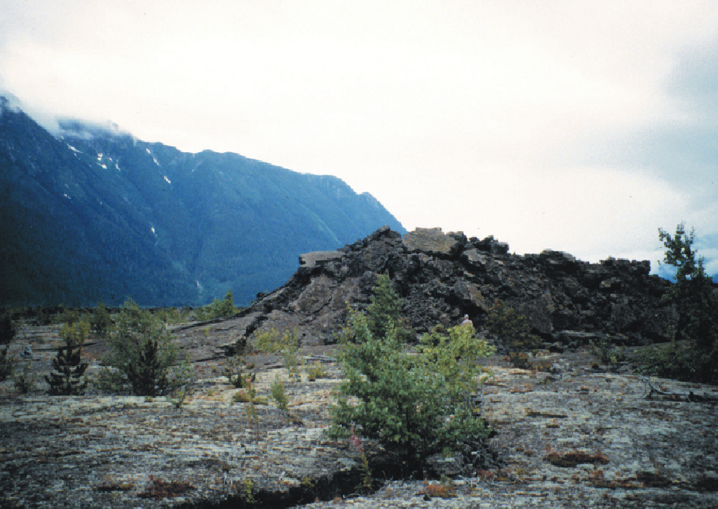 The Tseax River scoria cones (Aiyansh volcano) at the southern end of the Stikine volcanic belt have been the site of some of the youngest volcanic eruptions in Canada. This photo shows a tumulus in the middle of a broad lava plain in the Nass River valley produced by the Tseax River flow, which traveled 22.5 km. The volcanic field has erupted at least twice (625 and 220 radiocarbon years ago), and activity was recorded in tribal legends. Photo by Ben Edwards (Dickinson College, Pennsylvania).