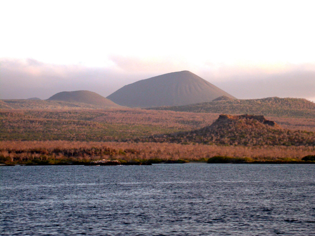 Floreana Island (also known as Charles Island or Santa María Island) is a broad shield volcano whose surface is densely covered with cinder cones.  The most conspicuous of these is Cerro de Pajas, seen here from the north with a spatter cone in the right foreground.  A massive pahoehoe lava flow from Cerro de Pajas, perhaps the youngest on Floreana, reached the SW coast over a broad 6.5 km area.  The youngest lava flow on Floreana, once thought to be Holocene, has a late Pleistocene surface exposure age. Photo by Ed Vicenzi, 2002 (Smithsonian Institution).