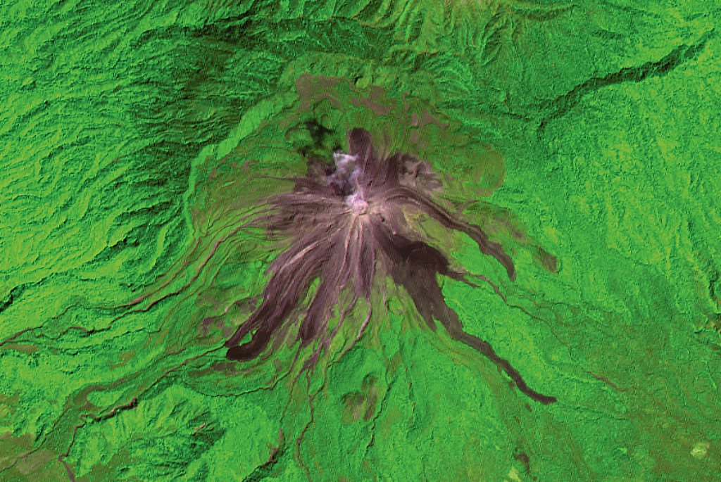 Recent lava flows from Volcán de Colima radiate from the summit in this 2001 ASTER satellite image (N is at the top; this image is approximately 13 km wide). The flows on the E and SE flanks were produced in 1975-76 and reached up to 3.5 km from the summit. The longest flows down the SW flank formed in 1998-99; the three major lobes seen here covered a SW-flank flow from 1991. The headwall of the horseshoe-shaped scarp to the N was produced by collapse of an older edifice. ASTER satellite image, 2001 (National Aeronautical and Space Administration, processed by Doug Edmonds).
