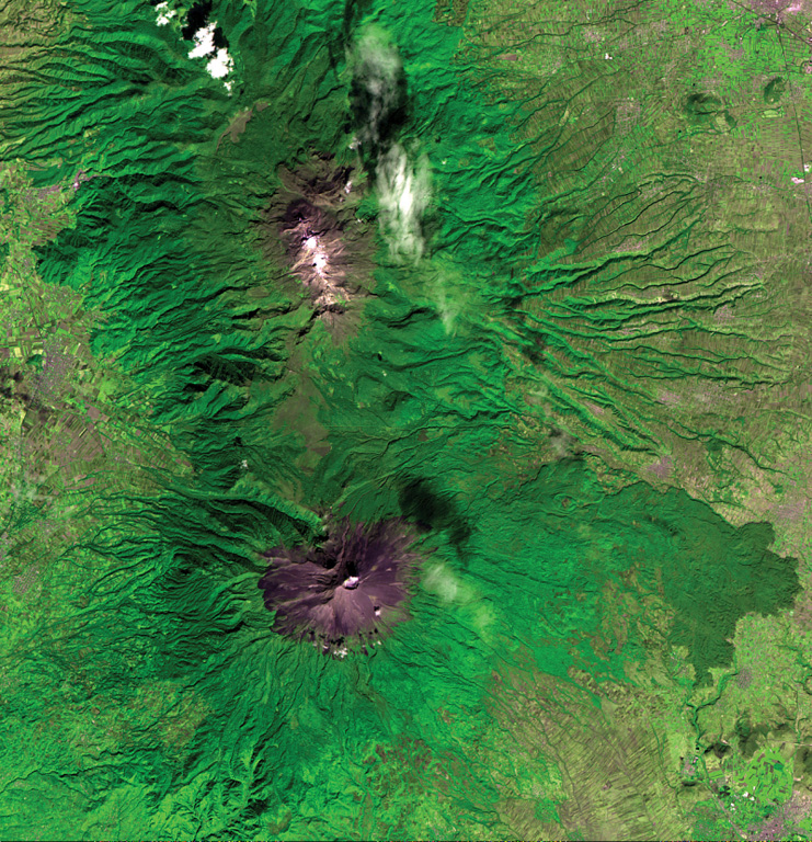 The N-S-trending Popocatépetl-Iztaccíhuatl volcanic chain lies between the Valley of Mexico and the Puebla basin.  Snow-capped Iztaccíhuatl volcano lies just above the center of the image.  The city of Texmelucan can be seen at the upper right.  Across the Paso de Cortés from Iztaccíhuatl is steaming Popocatépetl volcano, located SE of the city of Amecameca (mid-left margin).  A voluminous prehistorical lava field from Popocatépetl forms the forested lobe extending about 20 km down the eastern flank at the lower right. ASTER satellite image, 2001 (National Aeronautical and Space Administration, processed by Doug Edmonds).