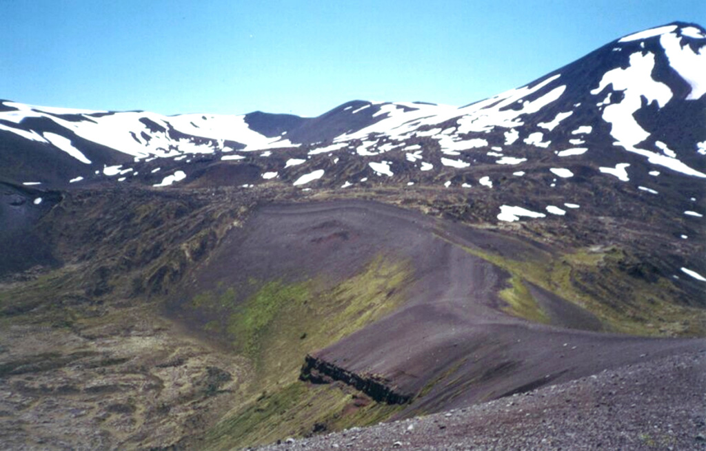 Casablanca volcano, whose summit is visible at the upper right, is the highest peak of the Antillanca volcano group.  Raihuen crater (lower left) lies at the base of Casablanca.  The Antillanca Group is a cluster of late-Pleistocene to Holocene scoria cones, maars, and small stratovolcanoes covering an area of 380 km2 SE of Lago Puyehue and NE of Lago Rupanco.  Older late-Pleistocene stratovolcanoes have been extensively dissected by glaciers, but numerous small Holocene volcanic centers are present.    Photo by Klaus Dorsch, 2001 (University of Munich).