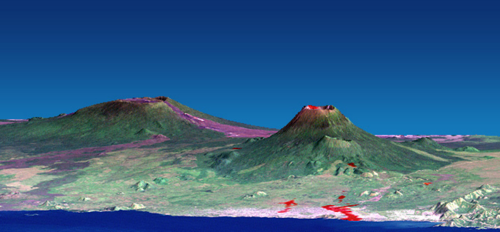 This combined NASA Landsat and Shuttle Radar Topography Mission image shows Nyamuragira (left) and Nyiragongo (right) volcanoes rising north of Lake Kivu in the East African Rift Valley. Red areas on Nyiragongo mark the locations of January 2002 flank-vent lava flows, some of which descended through the city of Goma into Lake Kivu. Historical lavas descend from Nyamuragira shield volcano, some of which also reached the lake. Both volcanoes are truncated by small calderas. NASA Landsat and SRTM image, 2002.