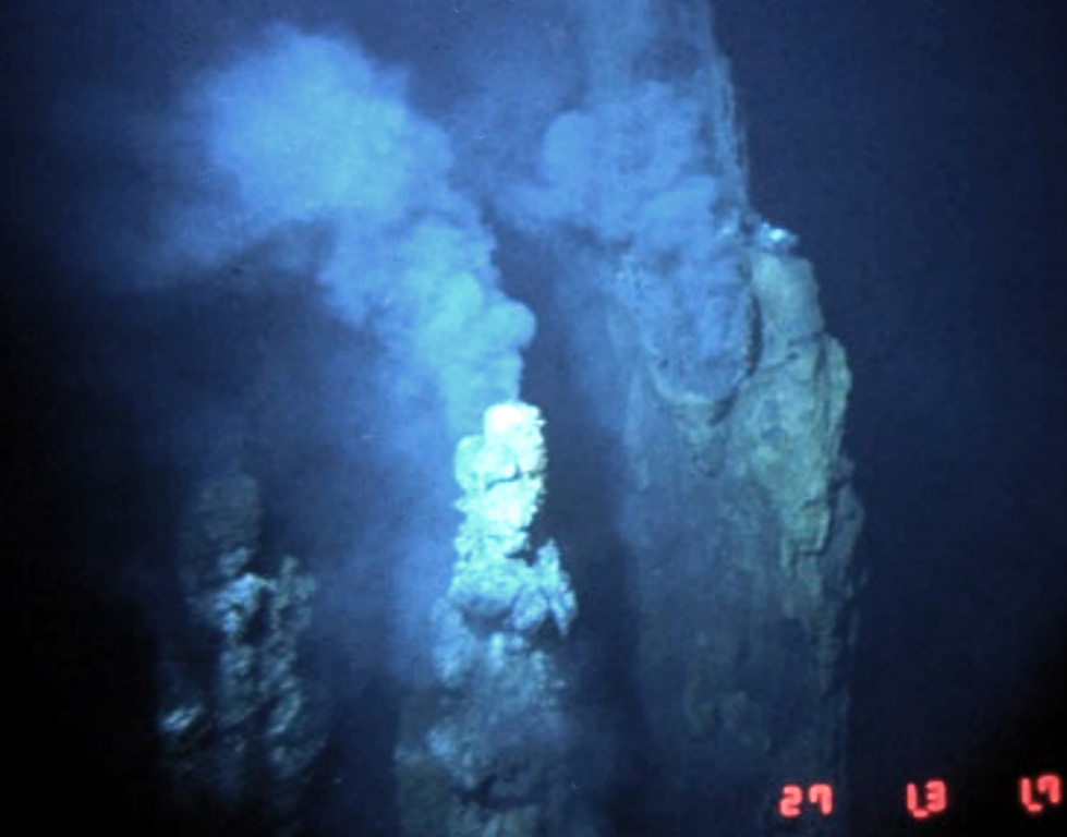 These black smoker vents are located along the Cleft Segment, the southernmost segment of the Juan de Fuca Ridge. These sustained high-temperature vents were photographed along fissures that fed an older lava flow adjacent to a 1986 lava flow that was erupted during the second of two documented submarine eruptions in the 1980s. The 80-km-long Cleft Segment is located immediately north of the Blanco Fracture Zone about 500 km off the Oregon coast. Image courtesy of National Oceanic and Atmospheric Administration (http://www.pmel.noaa.gov/vents/home.html).