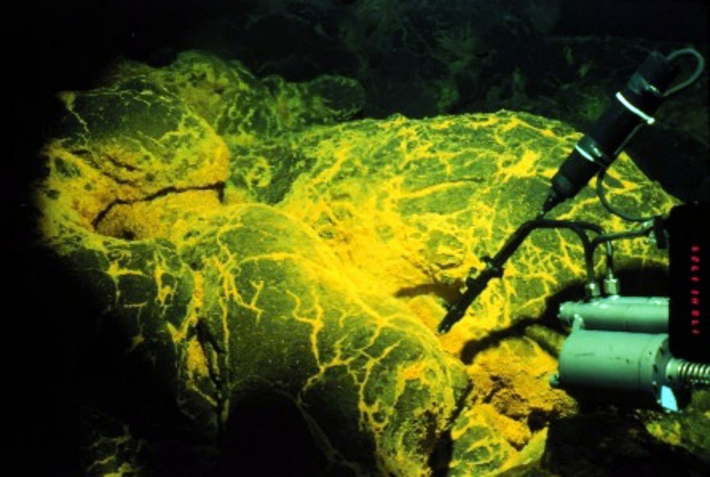 During a 1993 ROPOS ROV (Remotely Operated Vehicle) dive on the CoAxial Segment along the Juan de Fuca Ridge a new lava flow was discovered on the sea floor. It was still hot and venting warm water (up to 50°C), and was 2.5 km long and 300 m wide. Bright yellow sediment patches indicated the presence of iron-reducing bacteria in the vent fluids. The CoAxial segment is located about 435 km W of the Oregon coast, NE of Axial volcano. Image courtesy of National Oceanic and Atmospheric Administration (http://www.pmel.noaa.gov/vents/home.html).