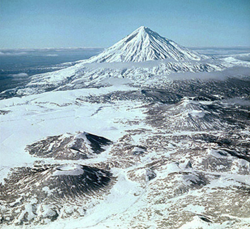 Late Pleistocene-Holocene scoria cones in the foreground are located on the southern part of Tolmachev Dol (Tolmachev Plateau) with Opala volcano in the background. Tolmachev Dol is a large volcanic highland NE of Opala that contains numerous postglacial scoria cones. The cones and associated lava fields cover a broad area around Lake Tolmachev halfway between Opala and Gorely.  Copyrighted photo by Leopold Sulerzhitsky (Holocene Kamchataka volcanoes; http://www.kscnet.ru/ivs/volcanoes/holocene/main/main.htm).