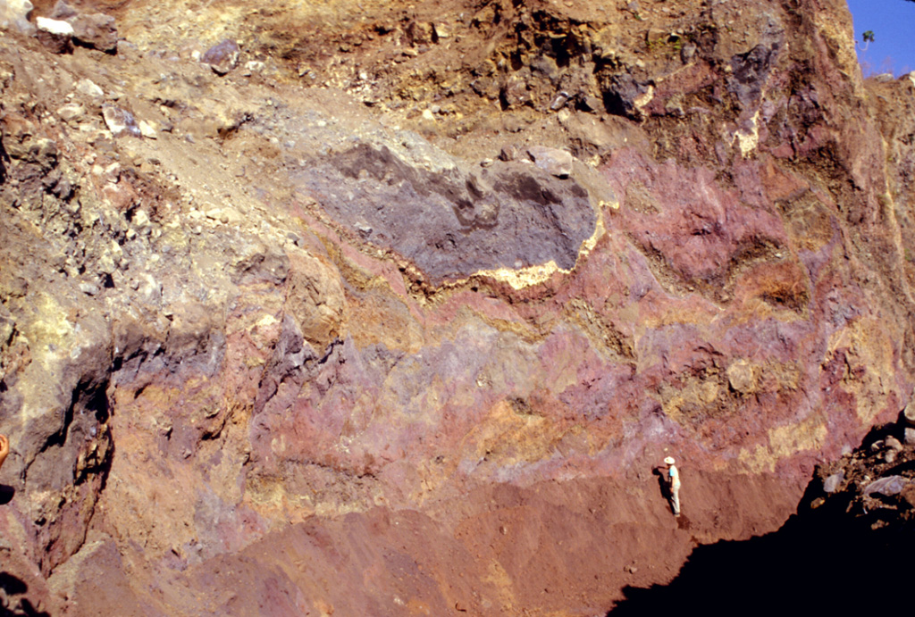 Multi-colored remnants of Santa Ana volcano are exposed in a quarry wall in a hummock of the Acajutla debris avalanche deposit with a geologist to the lower right for scale. This quarry in Cerro el Jicaro, 6 km SE of the city of Sonsonate, displays characteristic textures of debris avalanche deposits. Individual segments are faulted and slightly deformed, but retain their integrity despite being transported about 18 km from the volcano.  Photo by Paul Kimberly, 1999 (Smithsonian Institution).