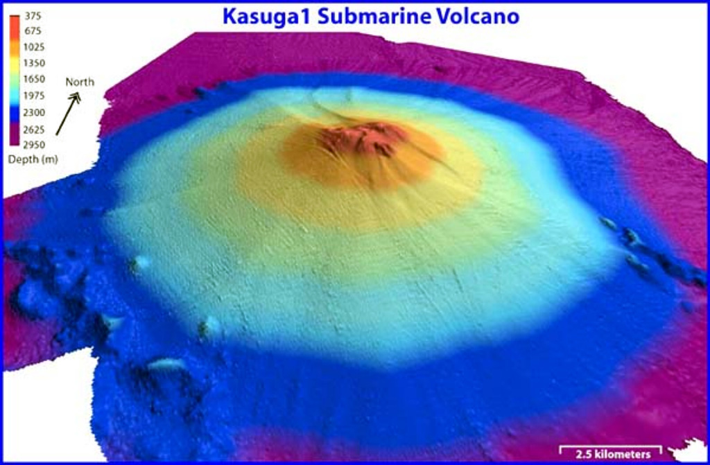 Kasuga, the northernmost of three seamounts in the Kasuga seamount chain (and also known as Kasuga 1), rises to within about 600 m of the sea surface SE of Fukujin submarine volcano. A series of flank vents are located low on the southern side of the edifice. Pumice from a submarine eruption was witnessed in 1959. Image courtesy of NOAA, 2003 (http://oceanexplorer.noaa.gov/explorations/03fire/logs/mar02/media/kasuga.html).