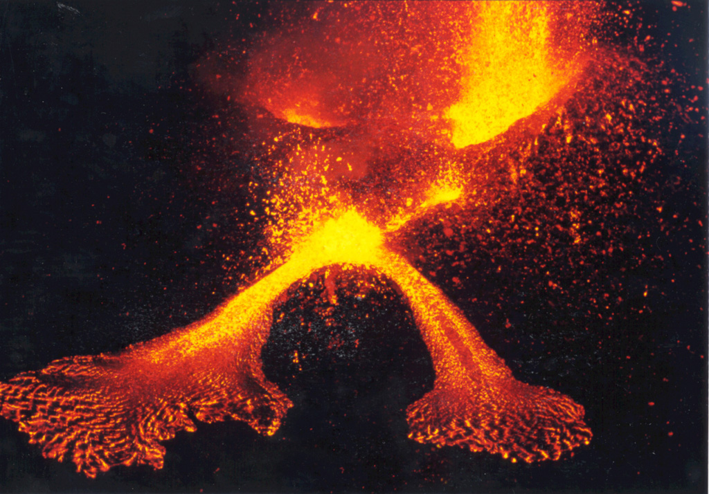 Two vents and lava flows inside Etna’s Voragine crater within the Central Crater are seen in July 1998. Explosions on 17 June and 12 July 1994 were the first sign of explosive activity since the end of the 1991-93 eruption. Intermittent eruptions from the Central Crater, Northeast Crater, and Southeast Crater continued into 2001. Paroxysmal eruptions on 23 December 1995 produced lava fountains as high as 500-600 m, and an eruption column that rose 6.2 km above the summit. Photo by Jean-Claude Tanguy, 1998 (University of Paris).