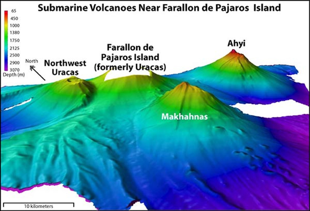 Ahyi seamount (upper right) is a large submarine volcano that rises to within about 150 m of the sea surface about 18 km SE of the island of Farallon de Pajaros (left-center). At various times since 1979, water discoloration, felt seismicity followed by upwelling of sulfur-bearing water, and a seismically detected submarine eruption have been reported at or near the seamount. Two submarine volcanoes on the flanks of Farallon de Pajaros, Northwest Uracas and Makhahnas, are seen in this NOAA bathymetric image. Image courtesy of NOAA, 2003 (http://oceanexplorer.noaa.gov/explorations/03fire/logs/mar02/media/nikko.html).