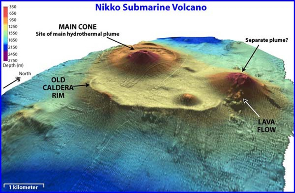 Two large cones have been constructed on the NW and NE rims of a roughly 3-km-wide submarine caldera at Nikko. The caldera rim is prominently displayed on the southern side and is largely buried to the north. A smaller cone fomed on the SE caldera floor. Discolored water has frequently been observed above the seamount and hydrothermal venting was documented at the main cone during a NOAA expedition. Image courtesy of NOAA, 2003 (http://oceanexplorer.noaa.gov/explorations/03fire/logs/mar02/media/nikko.html).