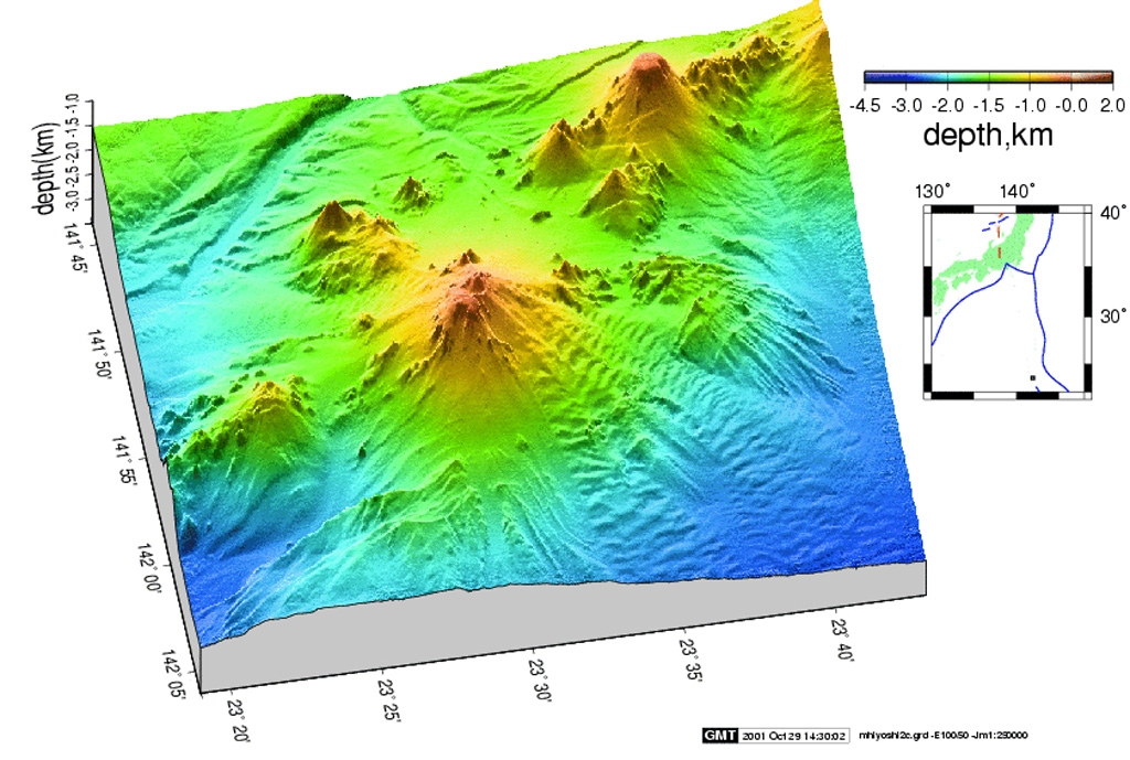 Minami-Hiyoshi (center) is seen in this Japan Coast Guard bathymetric image with N to the right. Periodic water discoloration and water-spouting have been reported over this submarine volcano since 1975 along with audible detonations and an explosion. Minami-Hiyoshi lies near the SE end of a coalescing chain of seamounts. Naka-Hiyoshi (upper right) lies to the NW and Ko-Hiyoshi seamount (left) to the SSE. Image courtesy of HOD Japan Coast Guard (http://www1.kaiho.mlit.go.jp/jhd-E).