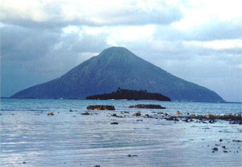 The small 1.2 x 2.8 km wide island of Tafahi is a conical stratovolcano that rises more than 500 m out of the ocean about 7 km N of Niuatoputapu. No historical eruptions have been reported, but its youthful morphology suggests recent activity. Photo by Paul Taylor (published in Taylor and Ewart, 1997).