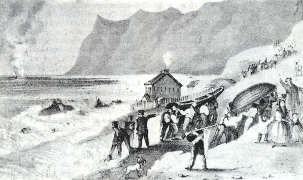 An eruption plume (upper left) rises on February 20, 1835 from a submarine volcano in Bahía Cumberland off Punta Bacalao on Robinson Crusoe (Mas a Tierra) Island.  The sketch was made by Sutcliffe (1939), the island's governor; during the eruption flames were reported that lit up the island.  Robinson Crusoe, in the central part of the Juan Fernandez Island group, is composed of four overlapping shield volcanoes with calderas breached to the NE.  The SW part of the basaltic island consists of smaller altered cones.  Sketch in Sutcliff, 1839 (courtesy of Oscar González-Ferrán, University of Chile).