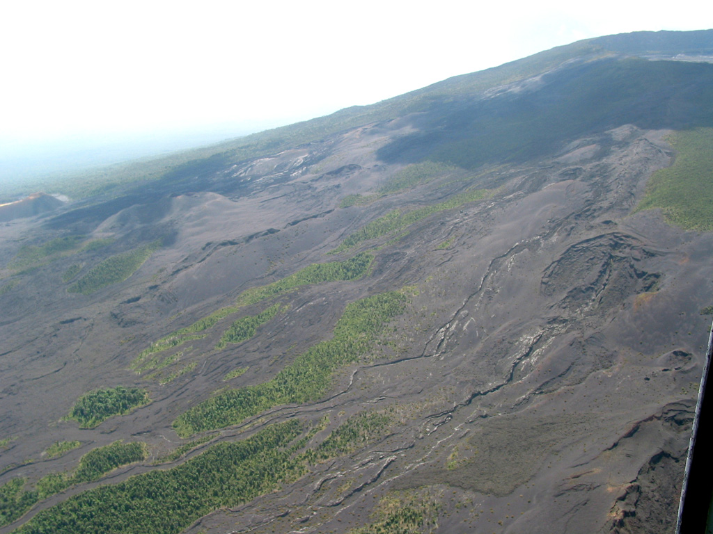 Lava flows from historical eruptions blanket the NW flank of Nyamuragira volcano. Lava flows issuing from radial fissures surround vegetated kipukas. Several major NW-flank eruptions took place in the late-20th century, producing lava flows that reached as far as about 20 km from the summit caldera. Photo by Simon Carn, 2004 (TOMS Volcanic Emissions Group, University of Maryland, Baltimore County).