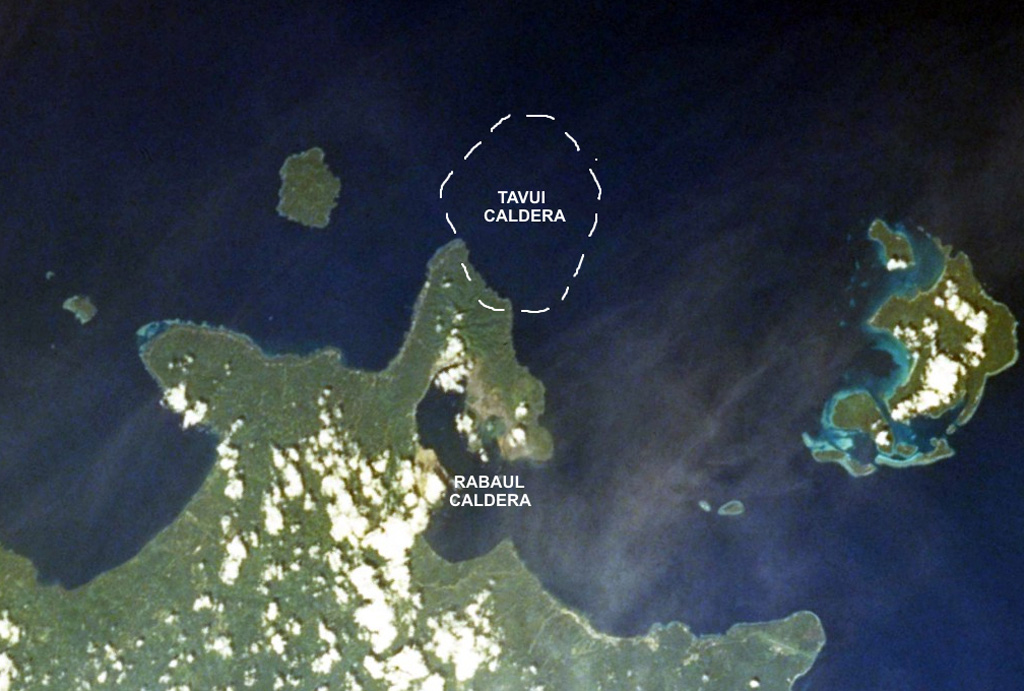 The mostly submarine Tavui caldera at the NE end of New Britain lies off the tip of the Gazelle Peninsula. The SW wall of the roughly 10 x 12 km wide caldera, its margins crudely shown on this image, cuts the NE tip of the peninsula. Tavui caldera, much less known than Rabaul caldera to the S, was first discovered during a bathymetric cruise in 1985. Light ash-covered areas from the 1994 Rabaul eruption can be seen at the western and NE margins of Rabaul caldera in this 1999 NASA Space Shuttle image. NASA Space Shuttle image STS103-733-52, 1999 (http://eol.jsc.nasa.gov/).