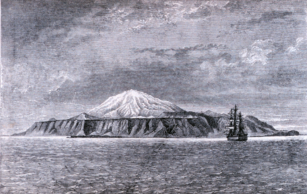 The HMS Challenger lies off Tristan da Cunha island in this 1878 plate from "The Voyage of the Challenger." This converted military vessel was outfitted for scientific surveys and circumnavigated the globe over 3.5 years. The island can be seen to comprise a tall central volcano rising above steep coastal cliffs that truncate lava flows. Pyroclastic cones are shown on the flanks.  Plate from Thomson, 1878 (courtesy of NOAA Photo Library).