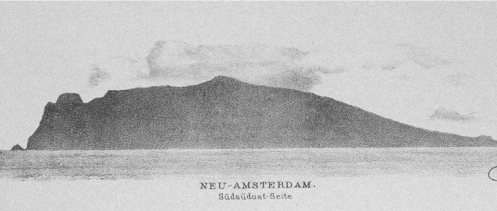 Amsterdam Island has an asymmetrical profile as seen from the SSE in this plate from the SMS Gazelle expedition. The broad area left of the summit of the island is the remnant of a paleo-caldera; cliffs to the left expose remnants of the Fernand paleo-volcano. Deposits from a younger volcano cover most of the island, and more than two dozen cones occur on its flanks. Plate from the SMS Gazelle expedition (courtesy of NOAA Photo Library).